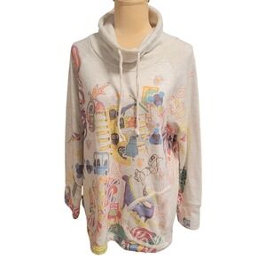 Inoah Tunic Sweatshirt Oatmeal M Doodle Art Print Cowl Neck Creative USA Made